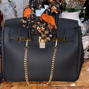 Black Tote Handbag with Gold Chain and Padlock